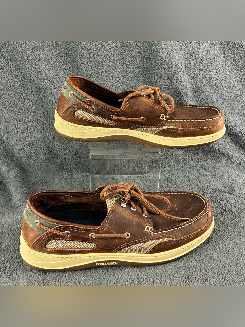 Sebago Brown Leather and Tan Canvas Boat Shoes
